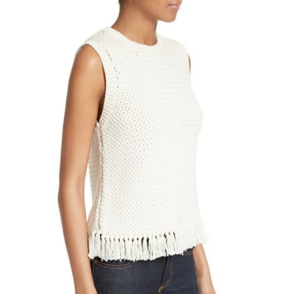 Theory Meenara Crosshatched Knit Tank Sweater Fringe Tassel Boho Bohemian Woven - Picture 3 of 15